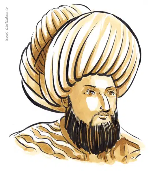 Sepia watercolor portrait of Mehmed II — Ottoman Sultan — 1432–1481 · Sébastien Rieu