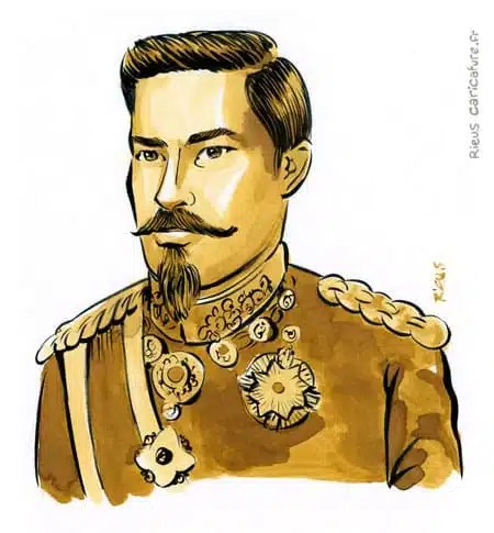 Sepia watercolor portrait of Emperor Meiji — Emperor — 1852–1912 · Sébastien Rieu