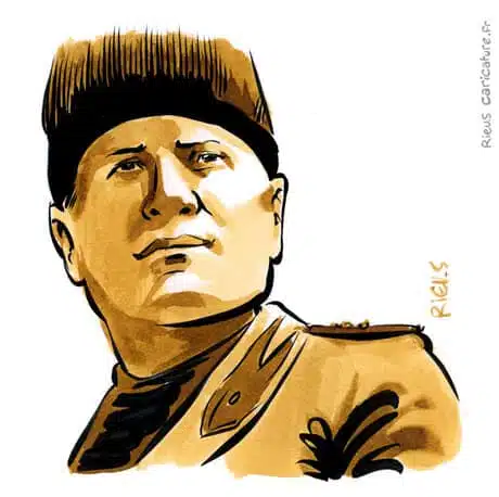 Sepia watercolor portrait of Benito Mussolini — Dictator — 1883–1945 · Sébastien Rieu