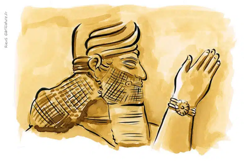 Sepia watercolor portrait of Nebuchadnezzar II — King of Babylon — ~634–562 av. J.-C. · Sébastien Rieu