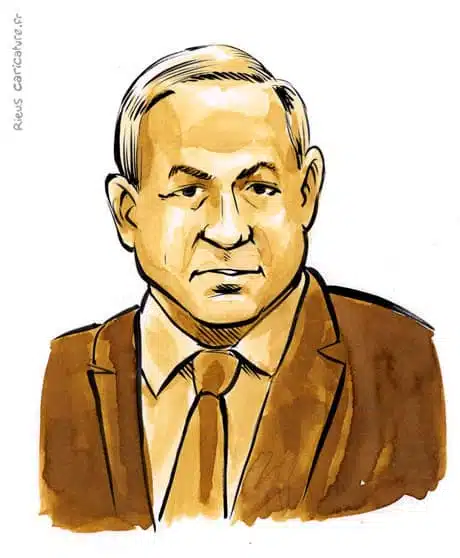 Sepia watercolor portrait of Benjamin Netanyahu — Prime Minister — 1949– · Sébastien Rieu