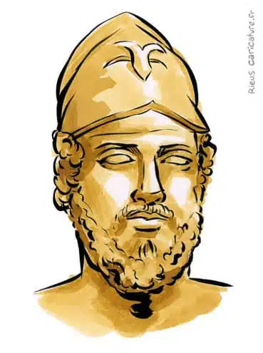 Sepia watercolor portrait of Pericles — Strategist — ~495–429 av. J.-C. · Sébastien Rieu