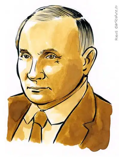Sepia watercolor portrait of Vladimir Poutine — Président — 1952– · Sébastien Rieu