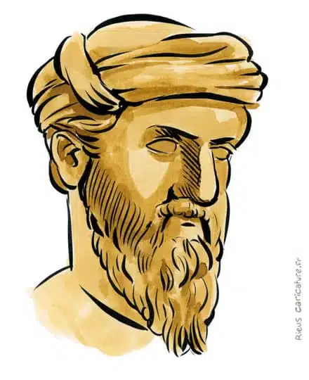 Sepia watercolor portrait of Pythagoras — Mathematician — ~570–495 av. J.-C. · Sébastien Rieu