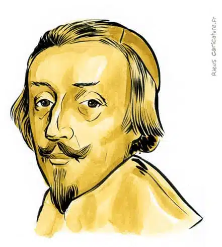 Sepia watercolor portrait of Cardinal Richelieu — Ministre — 1585–1642 · Sébastien Rieu