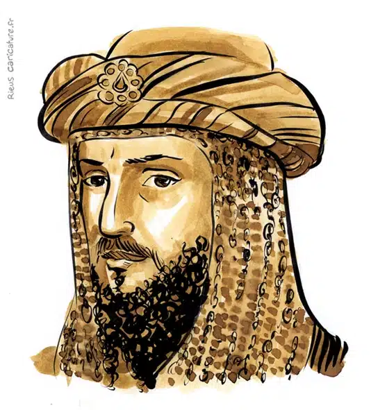Sepia watercolor portrait of Saladin — Sultan — 1137–1193 · Sébastien Rieu