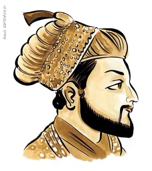 Sepia watercolor portrait of Shah Jahan — Mughal emperor — 1592–1666 · Sébastien Rieu