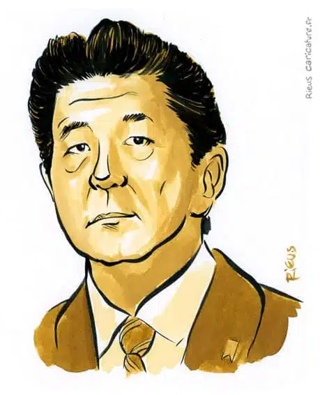 Sepia watercolor portrait of Shinzō Abe — Prime Minister — 1954–2022 · Sébastien Rieu
