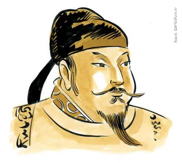 Sepia watercolor portrait of Emperor Taizong — Emperor Tang — 598–649 · Sébastien Rieu