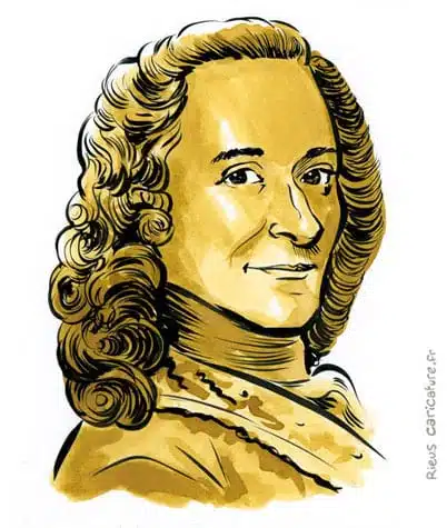 Sepia watercolor portrait of Voltaire — Philosophe — 1694–1778 · Sébastien Rieu